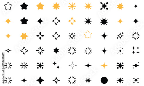 A vast vector collection of minimalist star and sparkle icons in black, outline, and golden yellow, perfect for UI design, rating systems, and decorative graphic elements, isolated on white.