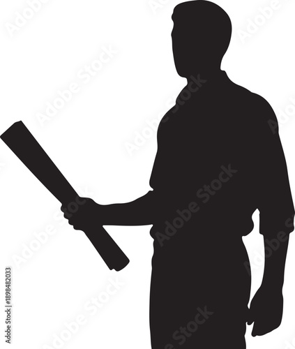 A diligent male architect or engineer, depicted in a strong silhouette against a pristine white background, stands confidently holding rolled-up blueprints or plans, symbolizing meticulous planning, d