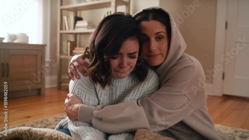 A heartfelt moment as one woman embraces her crying friend in a warm, sunlit living room, offering emotional support and comfort. 