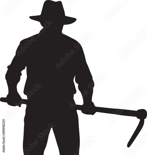 A resilient male farmer, presented in a robust silhouette against a bright white background, stands firmly holding a traditional hoe or pickaxe, symbolizing hard work, agricultural dedication, and the