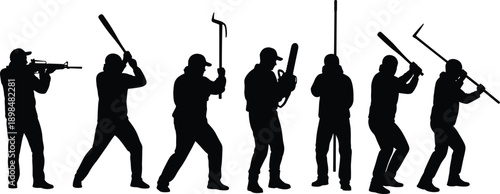 Black silhouettes of aggressive men holding various weapons including bats and tools isolated on white background for riot protest and street violence concept