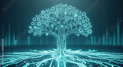 Digital circuit tree glowing blue technology art for ai innovation background website