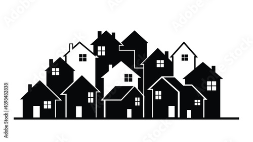 Dense cluster of urban houses is depicted in a high-contrast black and white silhouette creating a layered town skyline.