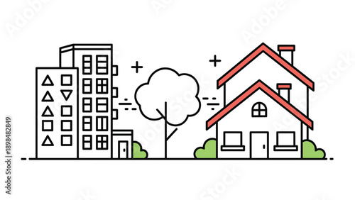 Modern city apartment buildings and a traditional suburban house are separated by a green tree in a clean line art style.
