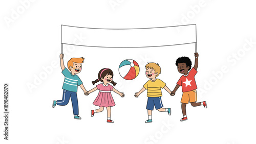 Group of diverse children hold a blank white banner and a colorful beach ball while smiling and holding hands together.