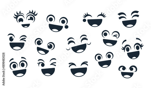 Collection of Fifteen Diverse Black and White Cartoon Faces with Happy Expressions smiling