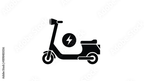 Black silhouette of a modern electric motor scooter features a lightning bolt icon representing green battery power.