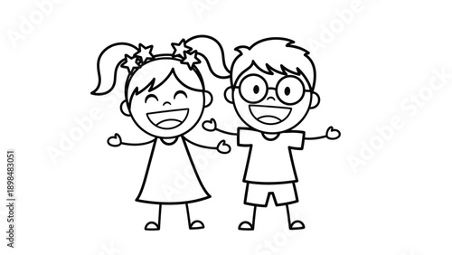 Simple black and white line drawing shows a happy boy with glasses and a girl with stars in her hair holding their arms open.