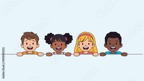 Four diverse children with happy expressions are peeking over the top of a white horizontal wall against a light blue background.