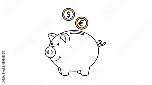 Cute piggy bank illustration with golden dollar and euro coins floating above the slot, representing global savings and financial planning concept.