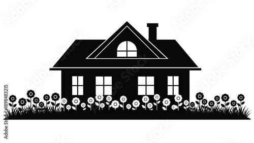 Suburban house silhouette with a blooming flower garden and grass border in a simple black and white vector illustration on a white background.