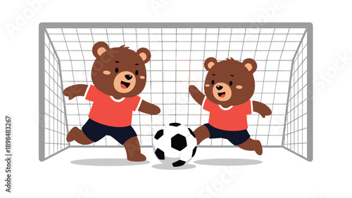 Cute brown bear characters playing a game of soccer as a striker and goalkeeper in front of a white net in a fun and active vector illustration.