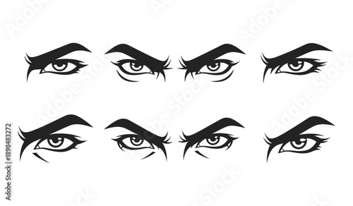 Set of Eight Stylized Black and White Eyes with Expressive Eyebrows vector illustration