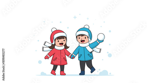 Joyful young boy and girl dressed in warm winter coats and hats holding hands while playing in a soft snowfall under a bright white sky.