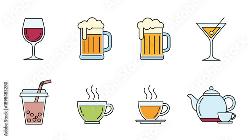 Colorful icon set of various alcoholic and non-alcoholic beverages featuring wine, beer, cocktail, bubble tea, tea, and a teapot with a cup.