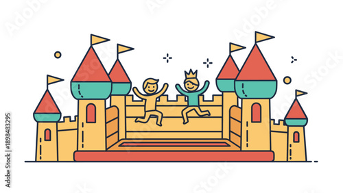 Cheerful kids jumping and playing inside a colorful inflatable bouncy castle designed like a fortress, representing summer fun and childhood joy.