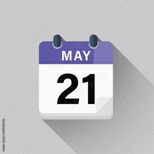 Flat design vector icon for May twenty first calendar day with long shadow on grey background