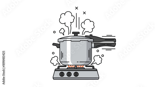 Detailed illustration of a pressure cooker on a gas stove releasing steam, with graphic elements like X marks to highlight kitchen safety warnings.