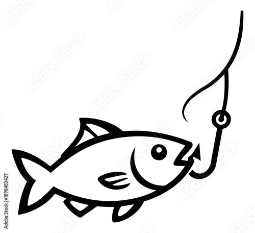 Line art illustration of a fish depicting biting a fishing hook for fishing activities