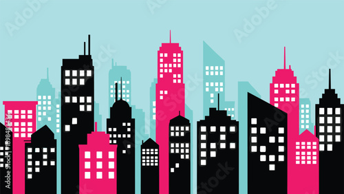Modern city skyline illustration featuring stylized skyscrapers in black and vibrant pink colors against a blue background, representing urban life.