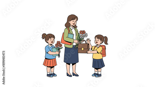 Heartwarming scene of two young schoolgirls in uniforms presenting bouquets of flowers to their teacher on a special day or graduation event.