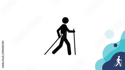 Simple black and white icon of a person engaged in Nordic walking with trekking poles, promoting health, fitness, and outdoor activity.