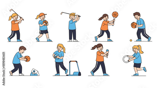 Diverse group of young children are shown in various athletic poses playing sports like golf, basketball, and active games.