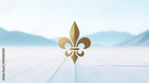 gold fleur de lis symbol on white background with mountains