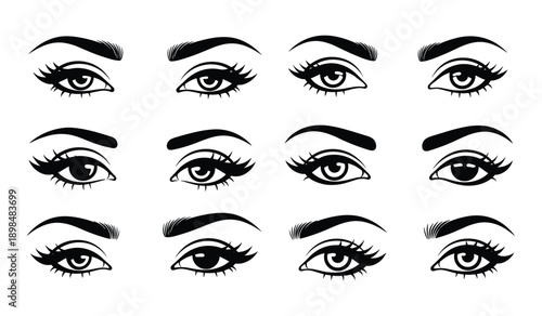 Twelve detailed black and white illustrations of female eyes with long eyelashes and eyebrows Keywords: eyes, eyelashes, eyebrows, makeup, beauty, fashion, illustration, black and white, graphic