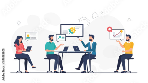 Team meeting for business strategy and data analysis with laptops and charts