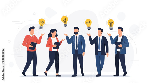 Teamwork and Innovation: Diverse colleagues brainstorm ideas with glowing light bulbs