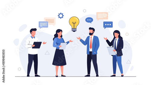 Team brainstorms new ideas, innovation and collaboration concept