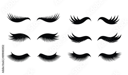 Collection of black and white stylized eyelash and eyebrow icons in various shapes and sizes 