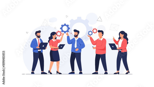 Teamwork and Collaboration: People working together with gears and laptops