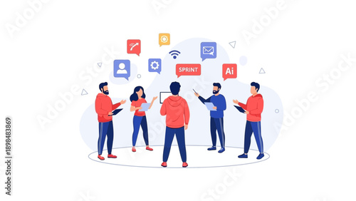 Teamwork and Collaboration in Modern Business with Tech Icons