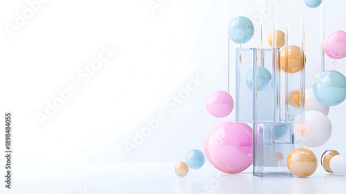 Colorful Abstract Composition with Floating Spheres and Clear Geometric Shapes in Modern Design Aesthetic