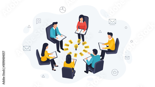 Teamwork brainstorm session with lightbulb idea and collaboration