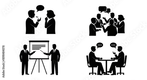 Business meeting and discussion icons silhouette set.