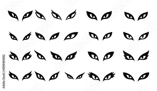 Twenty stylized black cat eye illustrations with sharp pupils and varied shapes cat eyes