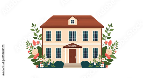 Elegant two-story house with a welcoming sign over the front door, beautifully landscaped with lush pink and white flowers.