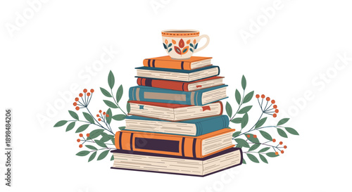 Cozy and academic illustration of a tall stack of colorful books with a decorative cup of tea resting on top.