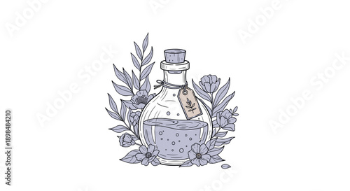 Mystical hand-drawn illustration of a corked glass bottle containing a magic potion, adorned with flowers and leaves.
