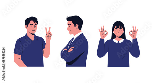 Set of three portraits of young professionals making positive and confident hand gestures, including peace and okay signs.