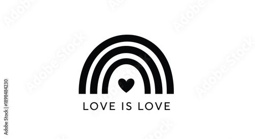 Simple yet powerful black and white 'Love is Love' design featuring a bold rainbow arching over a single heart.