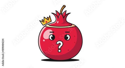 Cute and funny cartoon pomegranate character wearing a small gold crown and displaying a large question mark on its body.