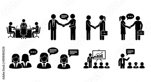 Business meeting and handshake icons representing collaboration and agreement.