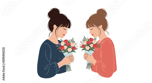 Beautiful side-by-side illustrations of a young woman with her eyes closed, gratefully holding a bouquet of fresh flowers.