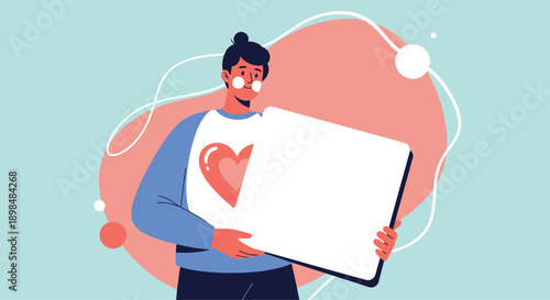 Young person with a heart on their sweater holds up a blank white sign, ready for a custom message or announcement.