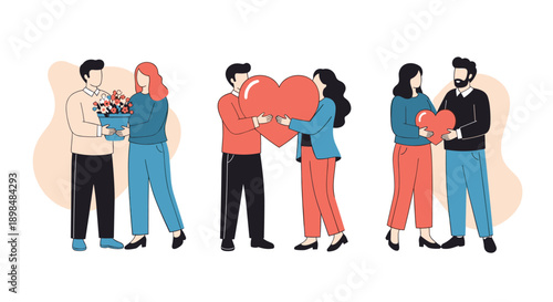 Set of three heartwarming illustrations of diverse couples sharing romantic moments by exchanging flowers and large hearts.
