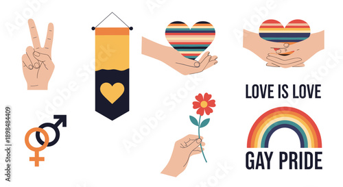 Set of pride-themed elements including a rainbow, hearts, hands, flowers, and gender symbols for LGBTQIA+ celebration.